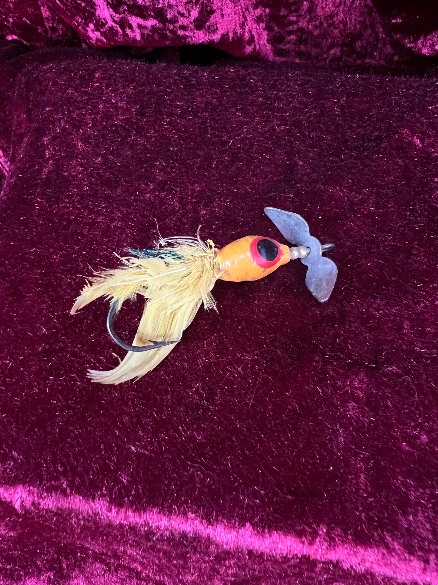 Vintage Fishing Lure Collection - Yellow Bass Popper, Heddon Black Fidgit, Miniature Marlin