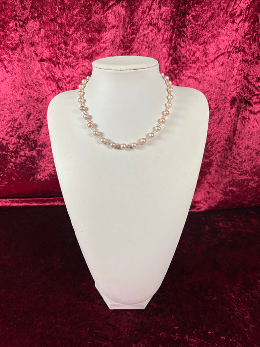 Vintage Jewelry - Beaded Necklace - Faux Pink Pearls and Crystal Beads - 17"