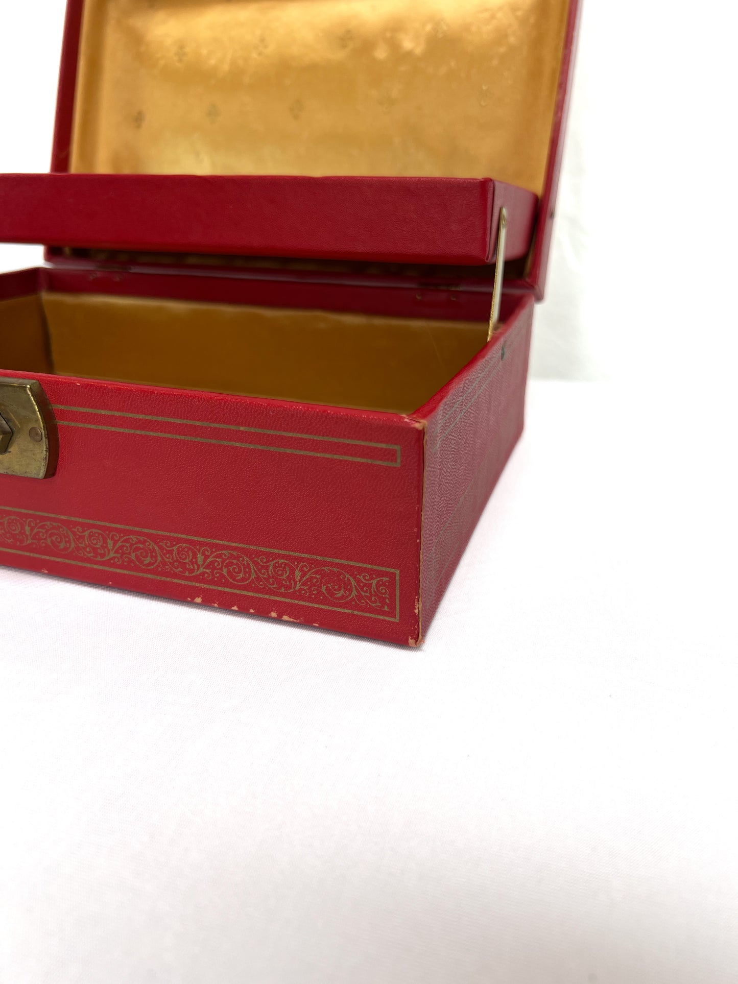 Vintage Jewelry Box - Red with Gold Filigree - Gold Fleur-de-Lis Lining