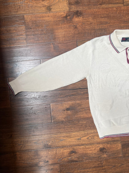 Vintage Clothing - Long Sleeve Knit Polo - Golf Scene - Cream - Isle Of Cotton - Medium