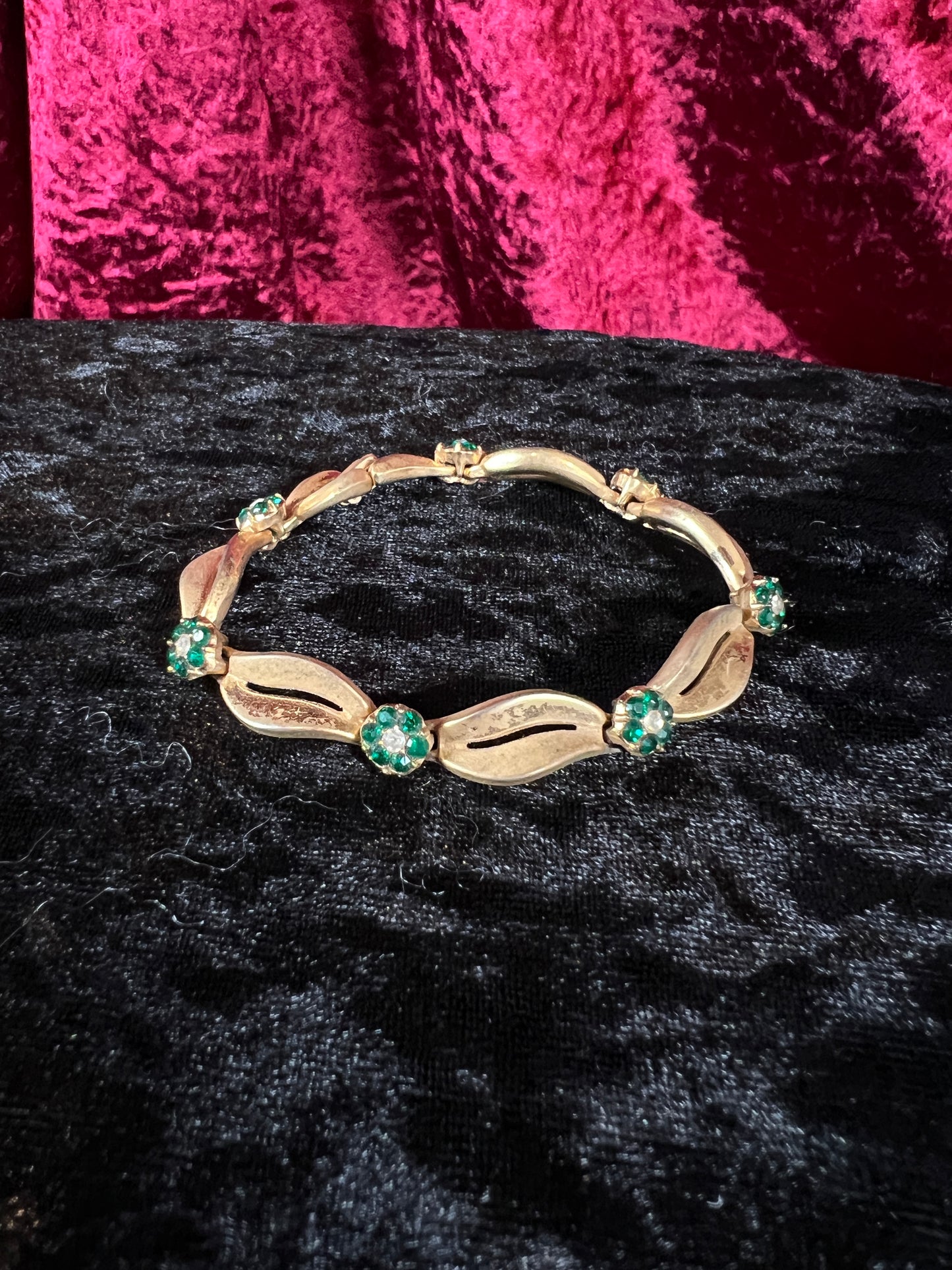 Vintage Gold Tone Trifari Bracelet - Green Rhinestone Floral Link Design
