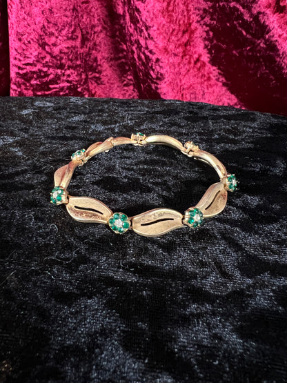 Vintage Gold Tone Trifari Bracelet - Green Rhinestone Floral Link Design