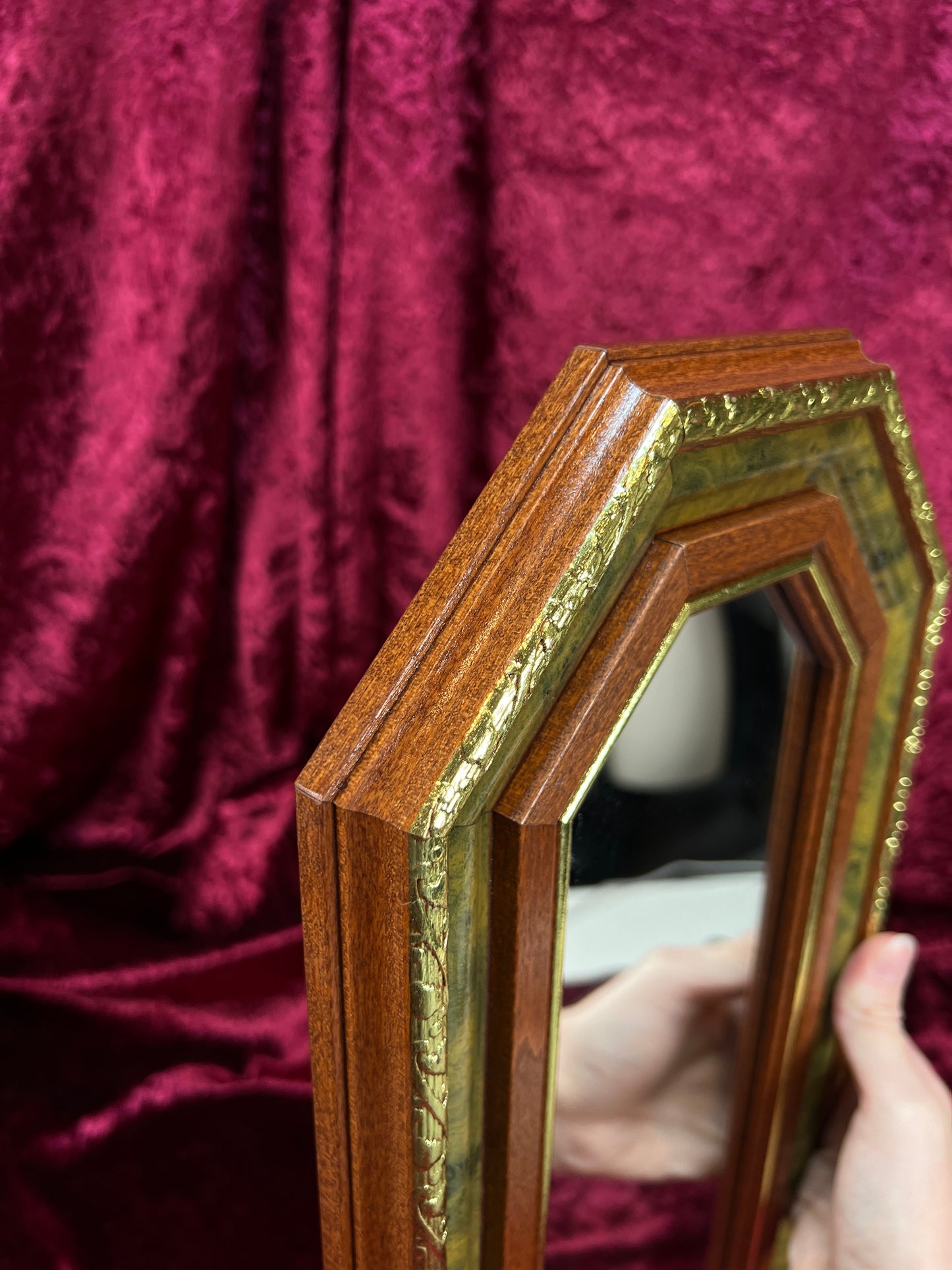 Vintage Wood Wall Mirror - Octagonal Faux Burlwood Accent Frame