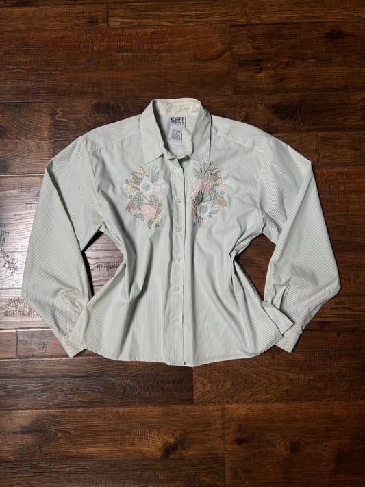 Vintage Koret Francisca Cotton Blend Blouse – Green Pinstripe Floral Embroidery – Medium