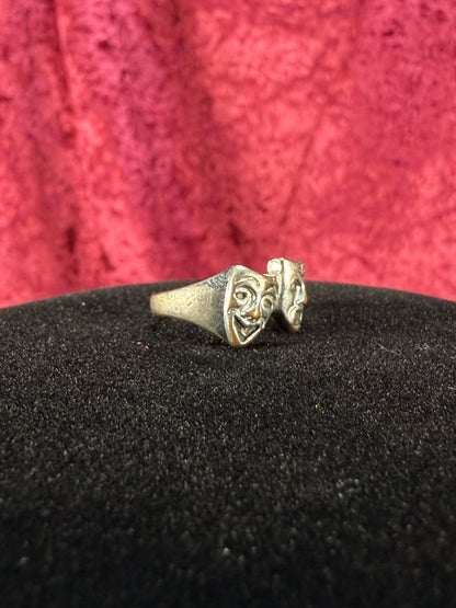 Vintage Silver Tone Novelty Ring – Comedy & Tragedy Masks - Size 4.5