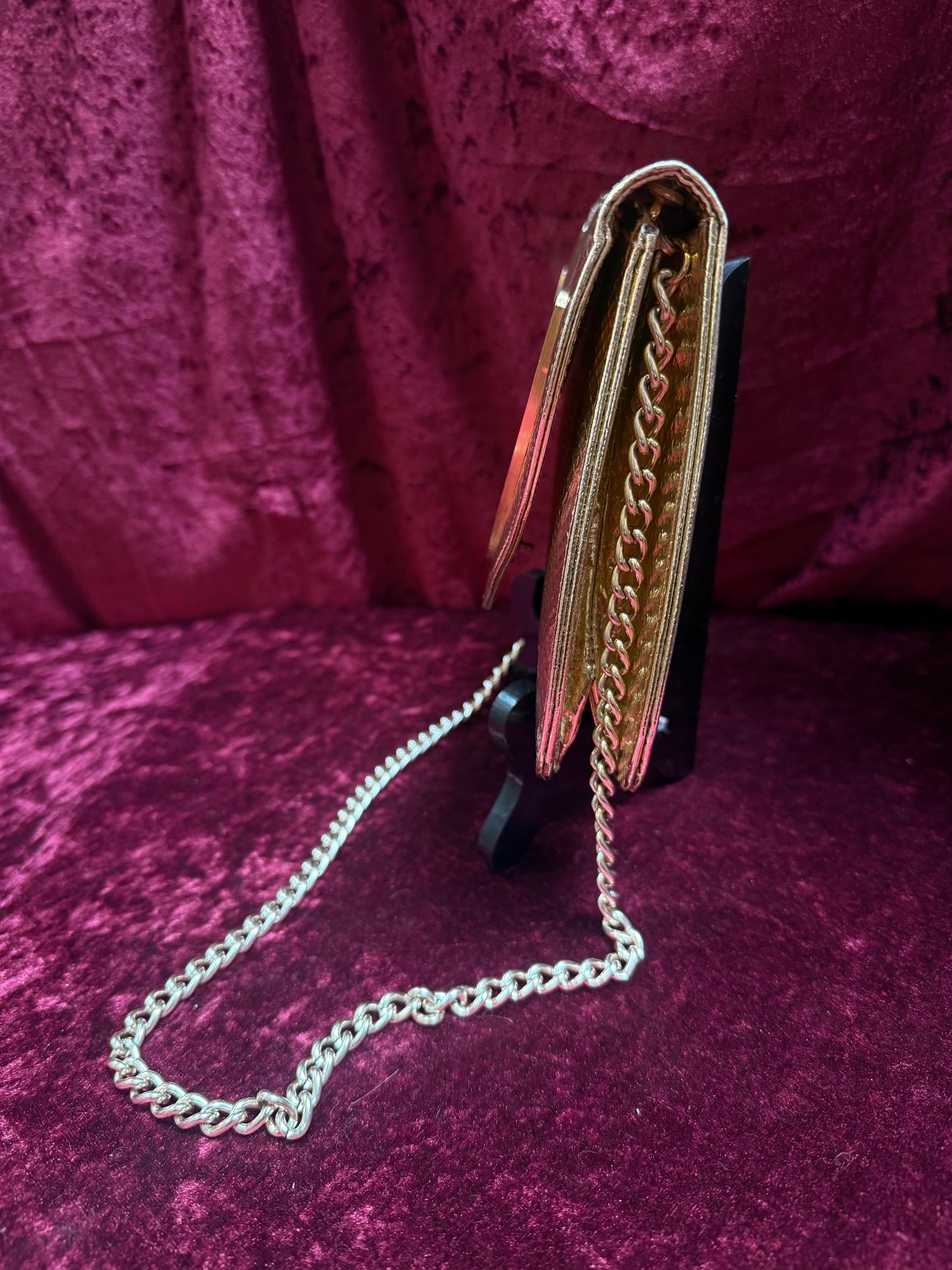 Vintage Accessories - 1980s Gold Metallic Evening Purse with Chain Shoulder Strap - Walborg