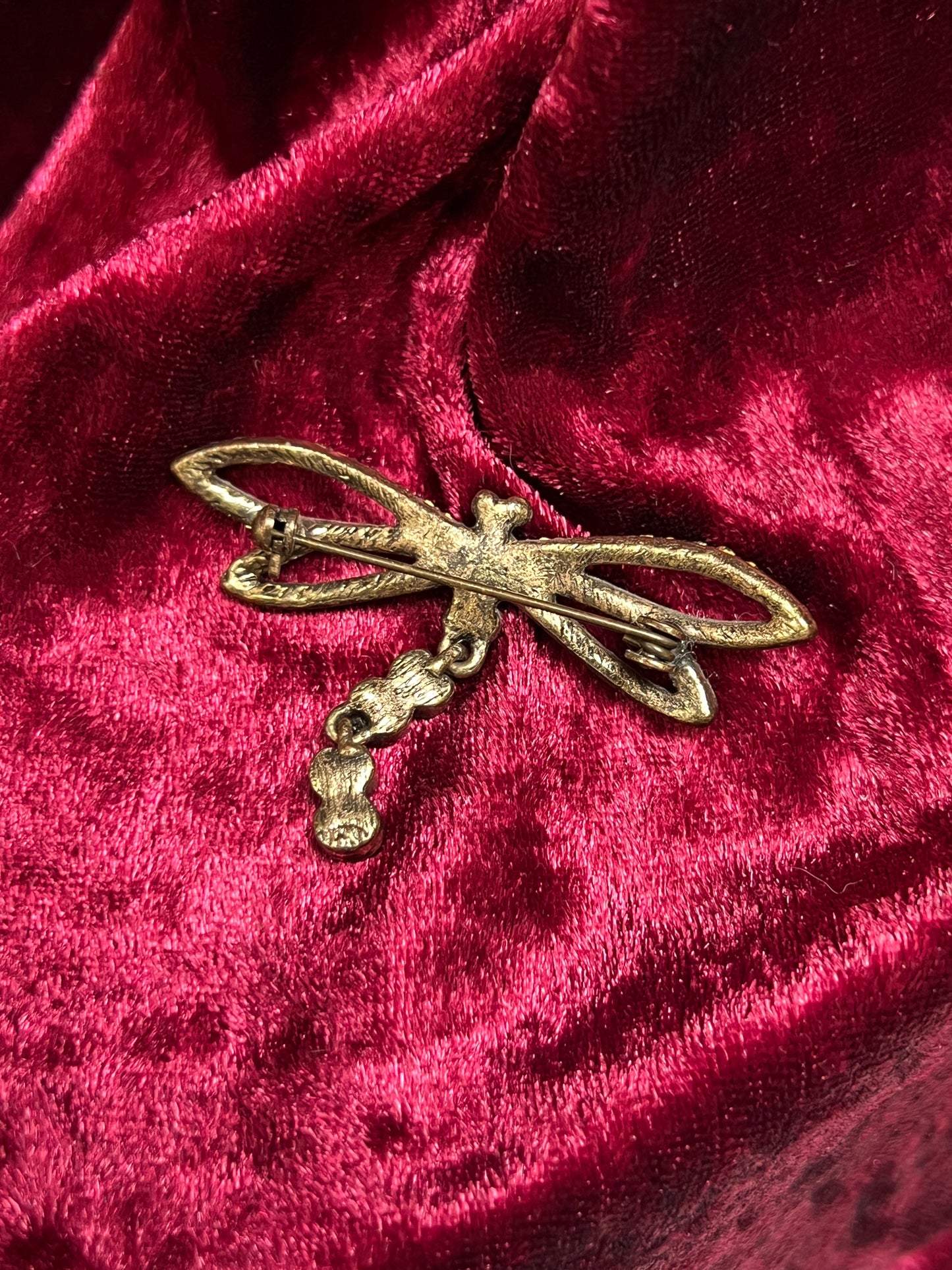 Vintage Jewelry - Brooch - Brass Tone Metal - Purple and Green Rhinestones - Dragonfly