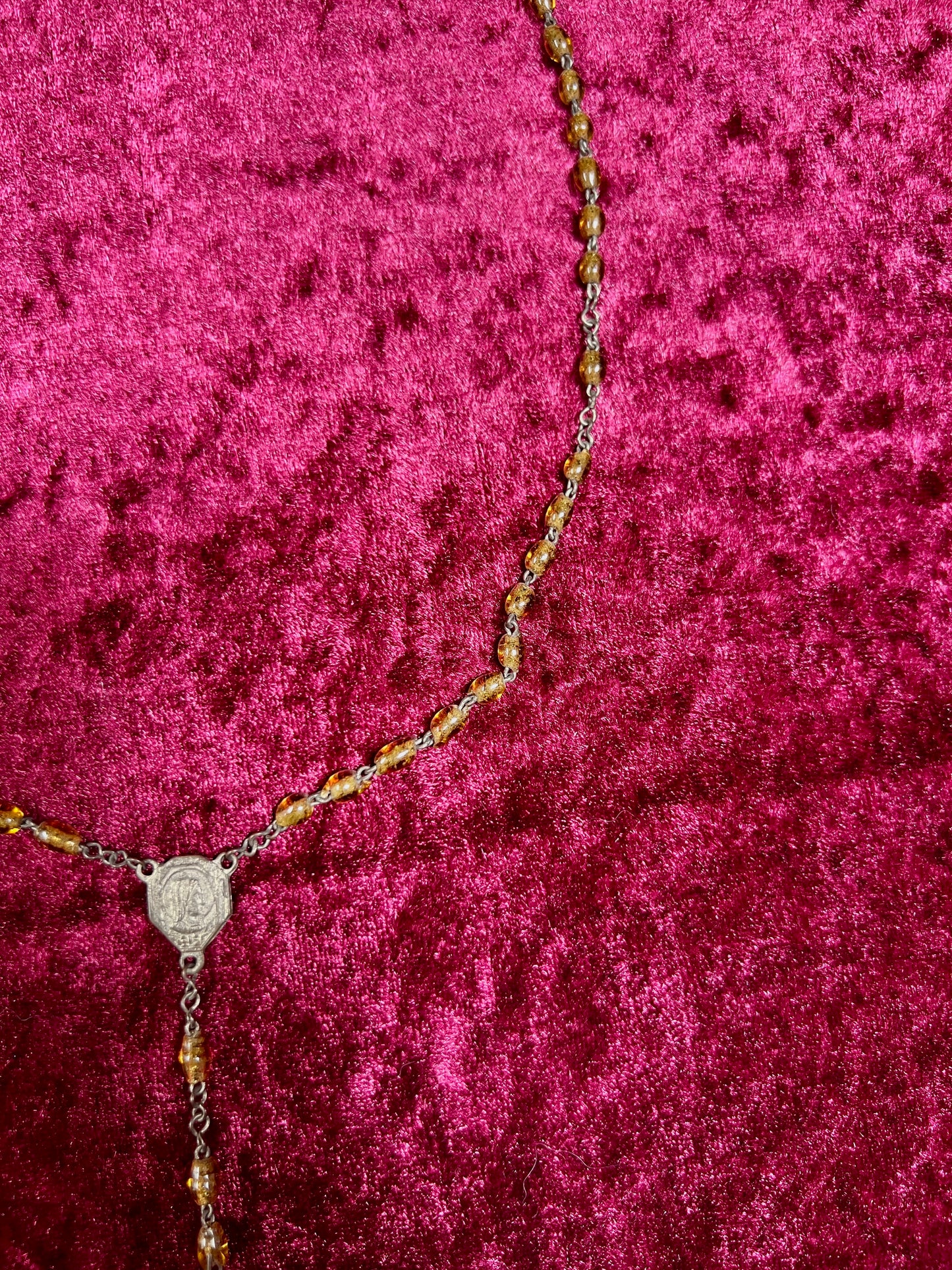 Vintage Jewelry - Rosary Beads - Clear Amber Beads - Brass Tone Cross - 14"