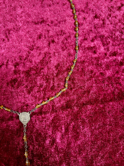 Vintage Jewelry - Rosary Beads - Clear Amber Beads - Brass Tone Cross - 14"