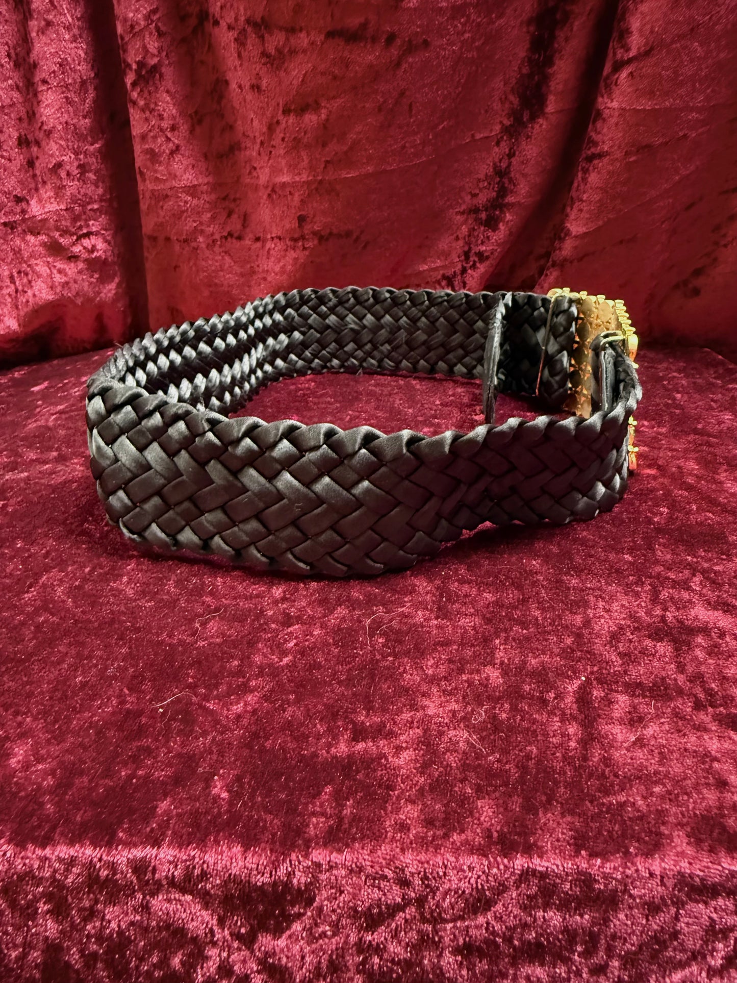 Vintage Accessories - Rainbow Gemstone Belt Buckle on Woven Black Belt - 27”