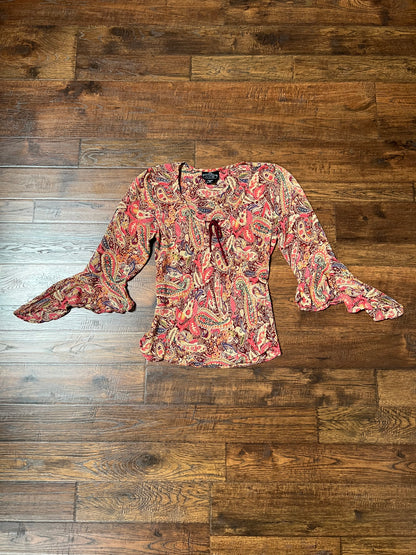 Vintage Clothing - Y2K Scoop Neck Blouse - Butterfly Sleeves - Pink Paisley Print - Small - Angie