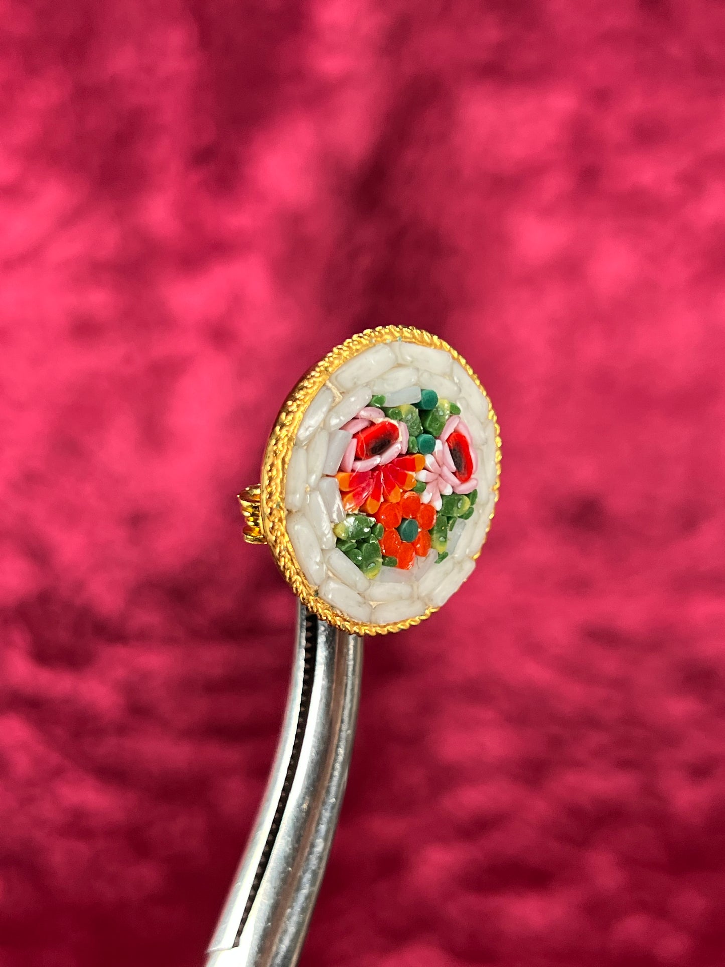 Vintage Jewelry - Brooch - Italian Millefiori Micro Mosaic - Circle - Red Flowers in White