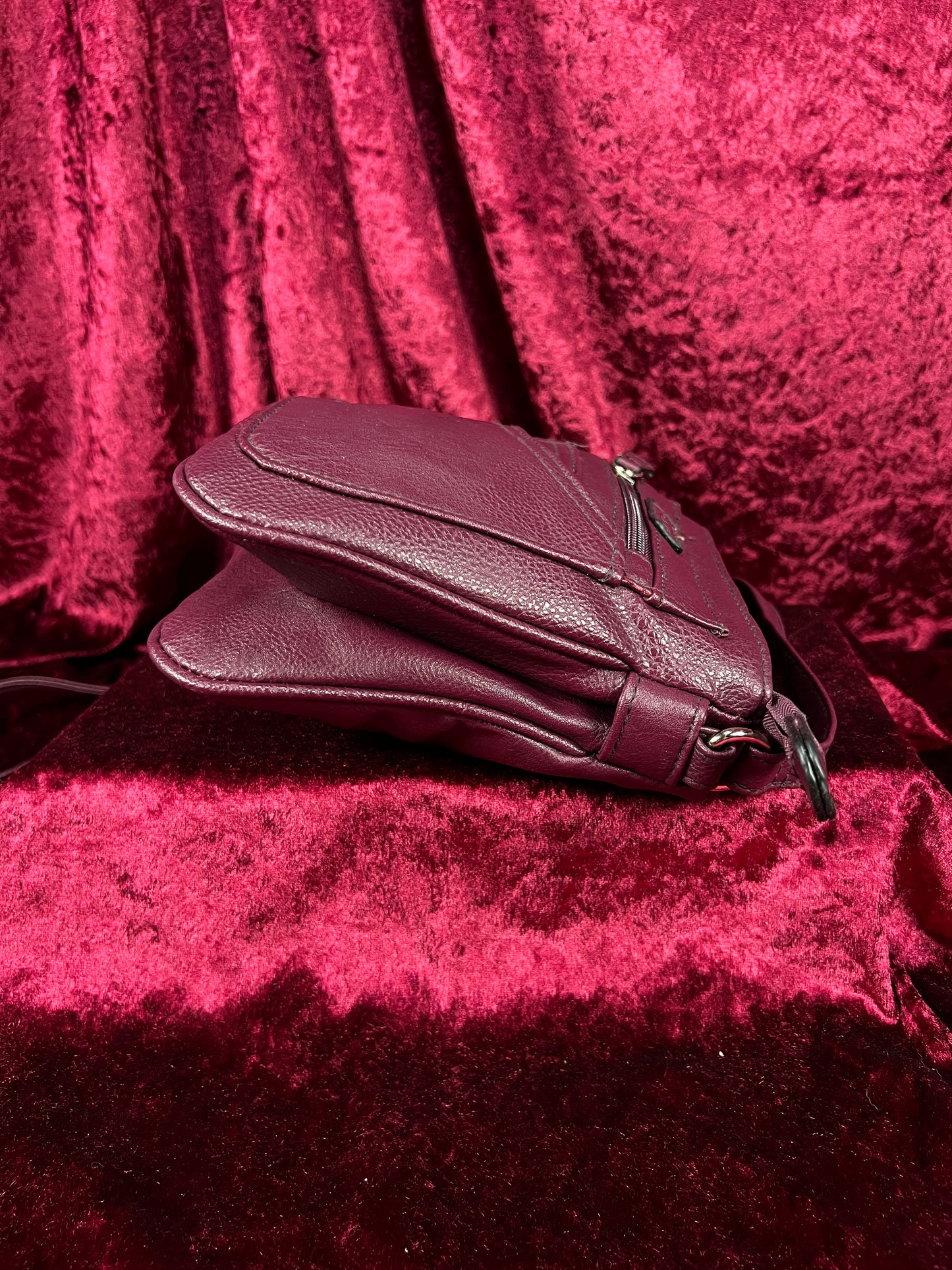 Vintage Faux Leather Crossbody Bag - Burgundy Pebbled Utility Purse - Rosetti