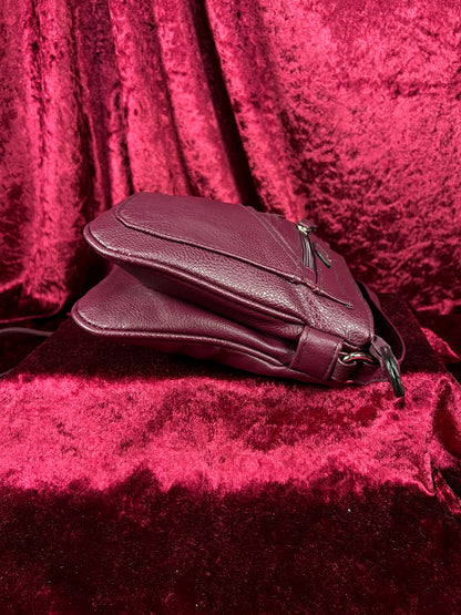 Vintage Faux Leather Crossbody Bag - Burgundy Pebbled Utility Purse - Rosetti