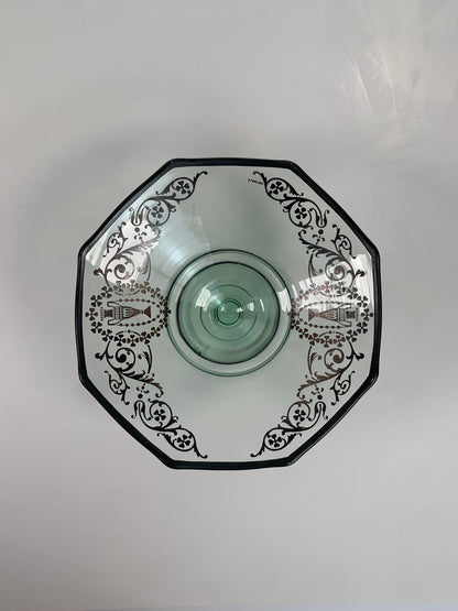 Vintage Pedestal Candy Dish - Green Glass with Sterling Silver Overlay - Ornate Grecian Urns