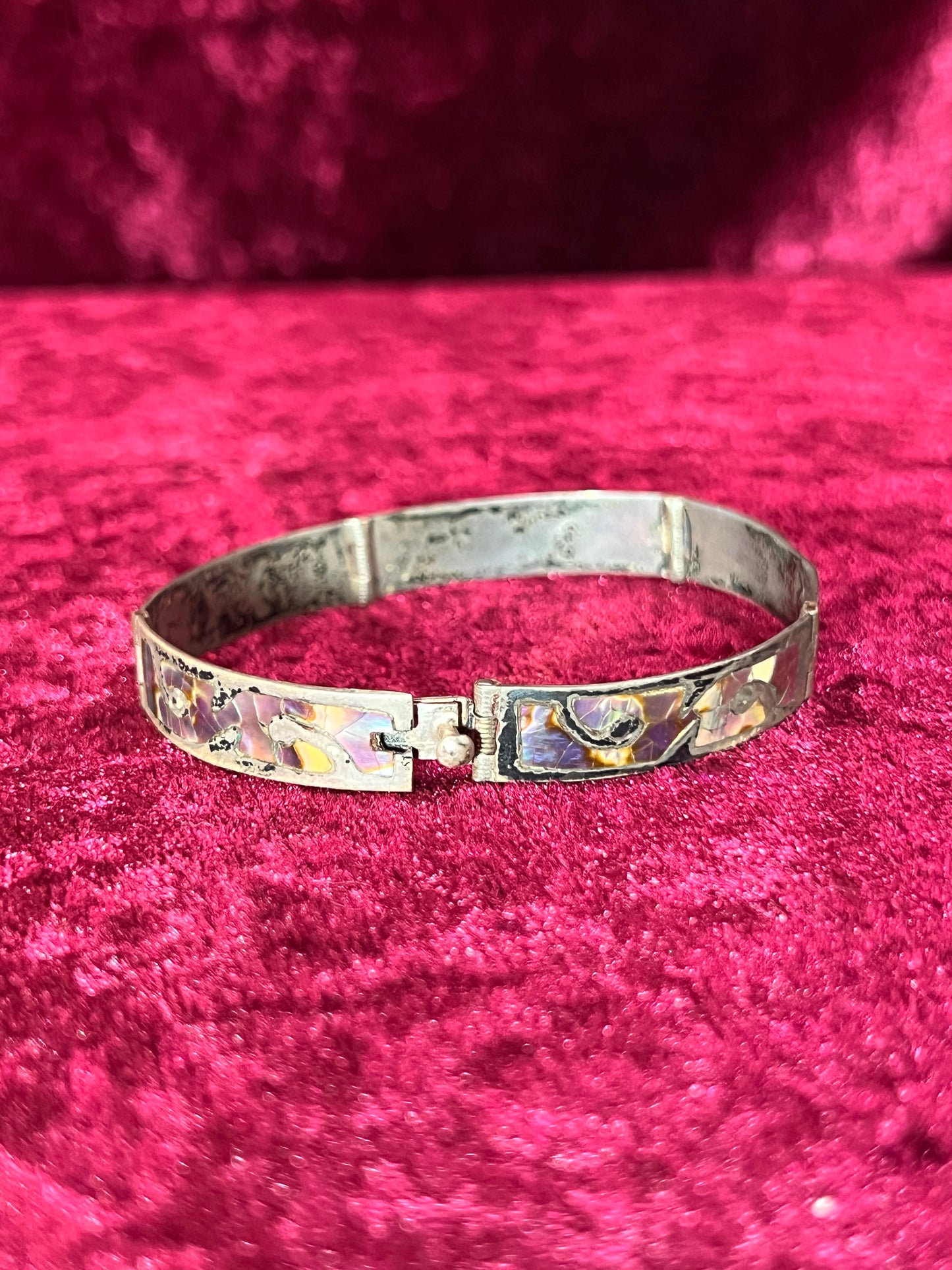 Vintage Jewelry - Bangle Bracelet - Sterling Silver - Inlaid Abalone Shell Panels - Mexico