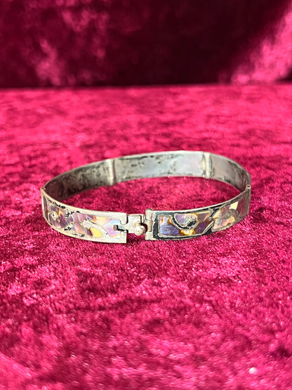 Vintage Jewelry - Bangle Bracelet - Sterling Silver - Inlaid Abalone Shell Panels - Mexico