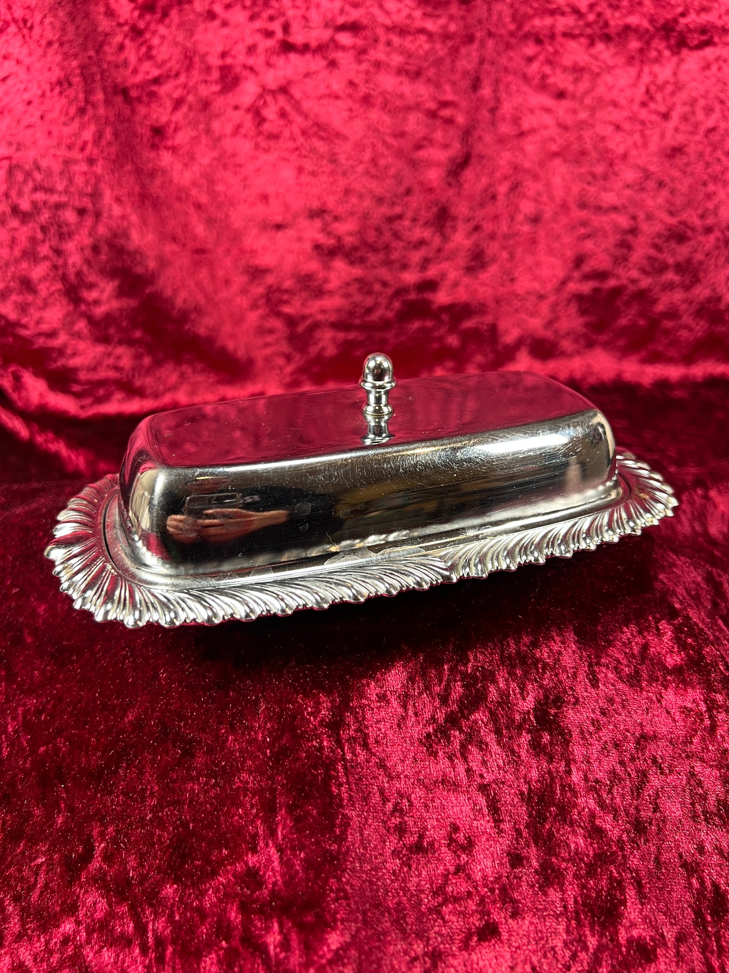 Vintage Kitchen - Covered Butter Dish - Silver Metal with Glass Insert - Ornate Edging