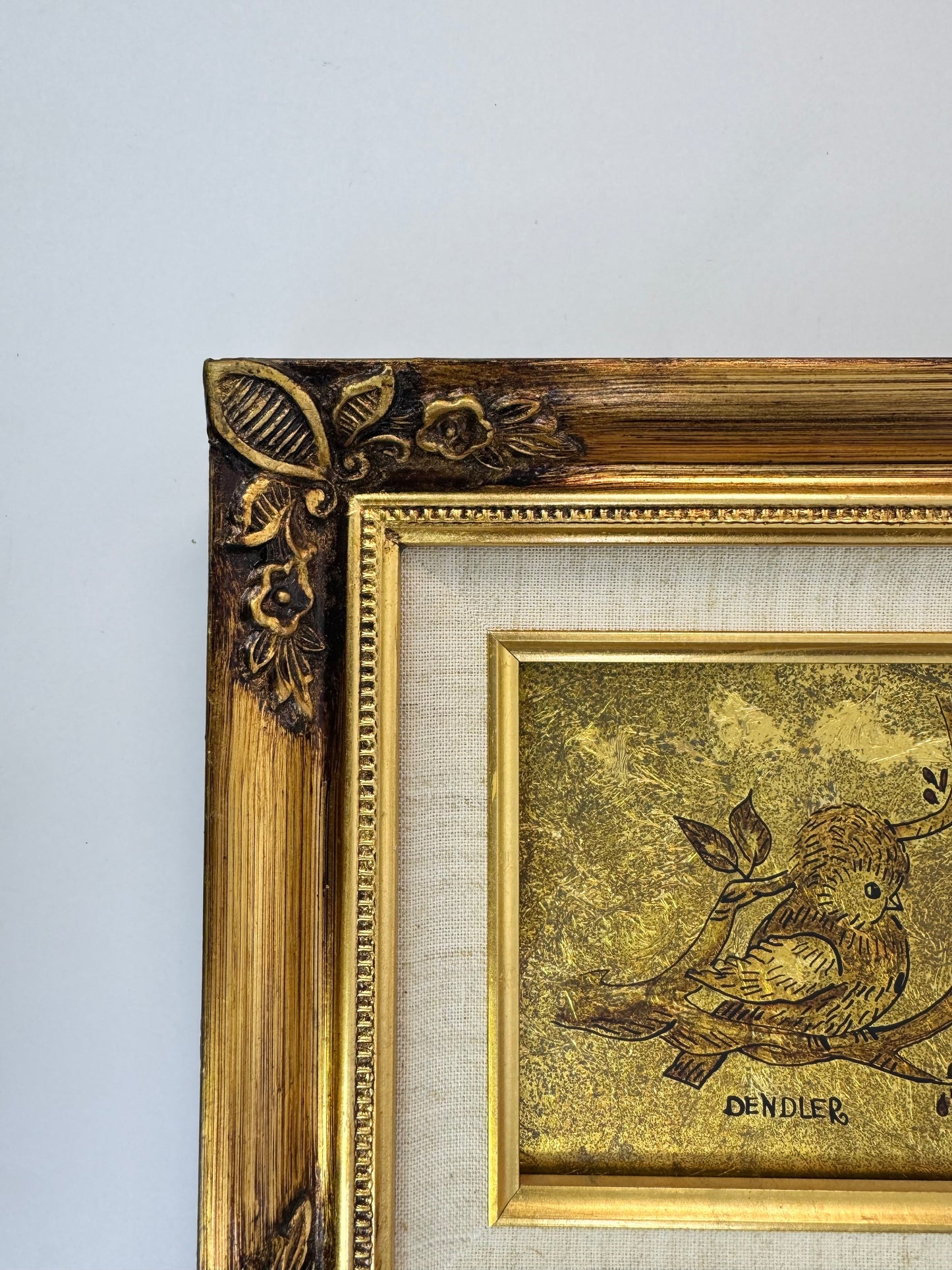 Vintage Framed Art - Gold Leaf Bird on a Branch with Ornate Gilt Frame - DENDLER