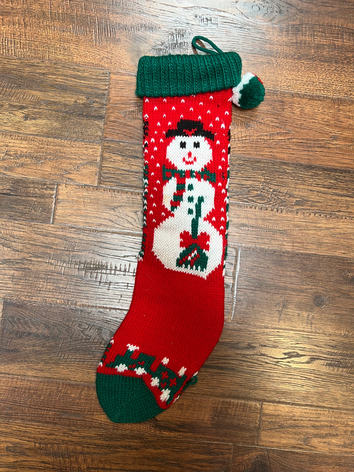 Vintage Christmas - Knit Stocking - Snowman on Red