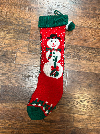 Vintage Christmas - Knit Stocking - Snowman on Red