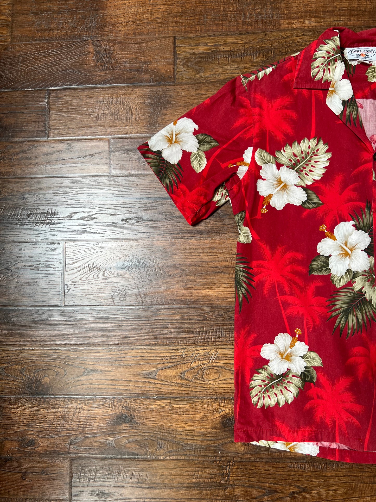 Vintage Clothing - Short Sleeve Hawaiian Shirt - White Hibiscus Flowers on Red - Pacific Legend Apparel - Small
