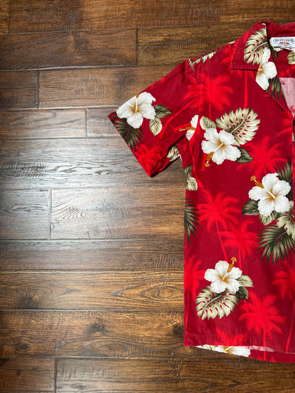 Vintage Clothing - Short Sleeve Hawaiian Shirt - White Hibiscus Flowers on Red - Pacific Legend Apparel - Small