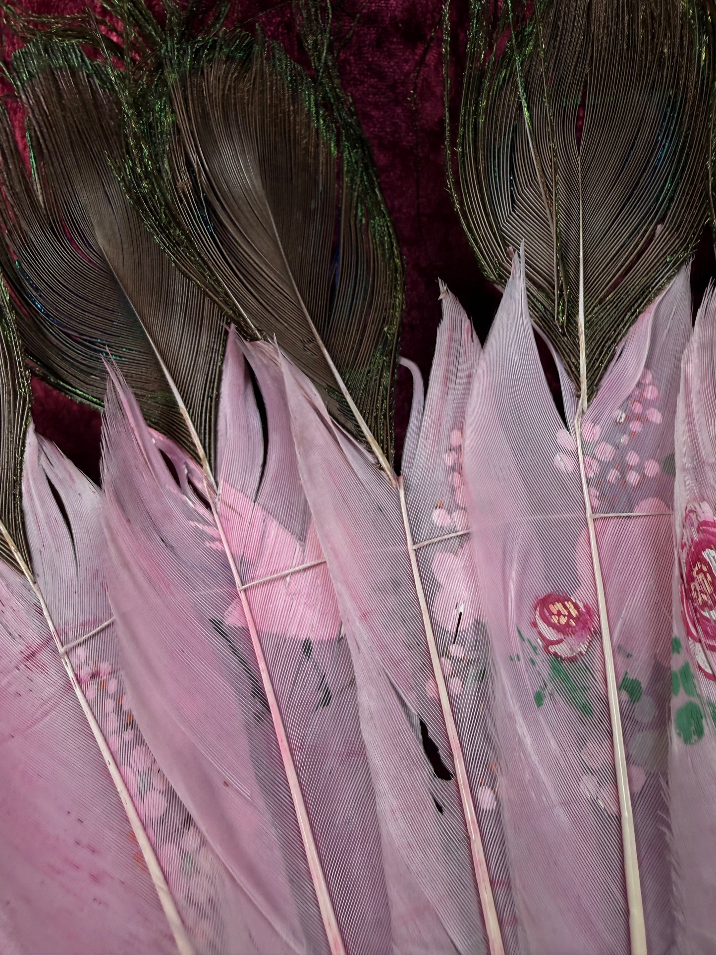 Antique Chinese Handheld Fan - Peacock Feathers and Pierced Bone Staves – Hand Painted
