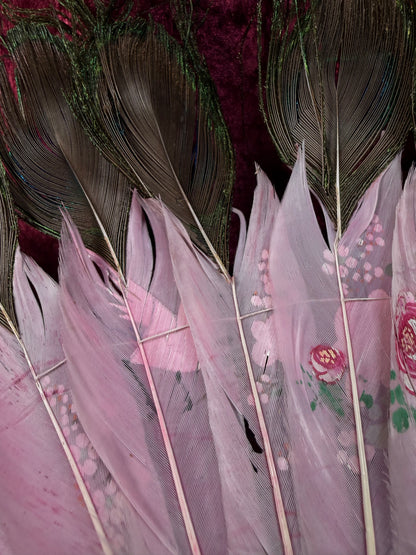 Antique Chinese Handheld Fan - Peacock Feathers and Pierced Bone Staves – Hand Painted