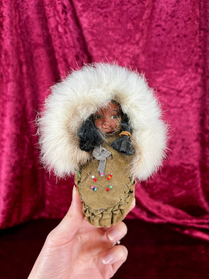 Vintage Souvenir Doll – Baby In Leather Moccasin with Rabbit Fur Trim