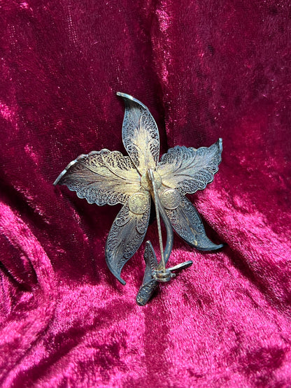 Vintage Jewelry - Brooch - Sterling Silver - Ornate Orchid - Portugal