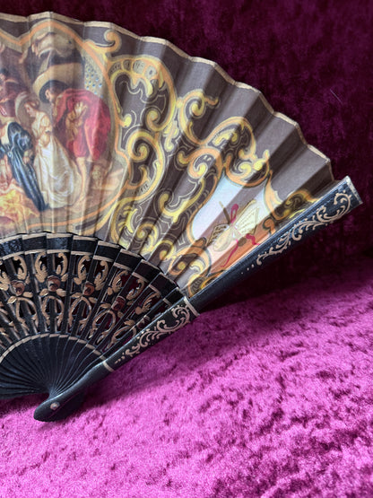 Vintage Mid Century Painted Wood Folding Fan – Double-Sided European Court Scenes
