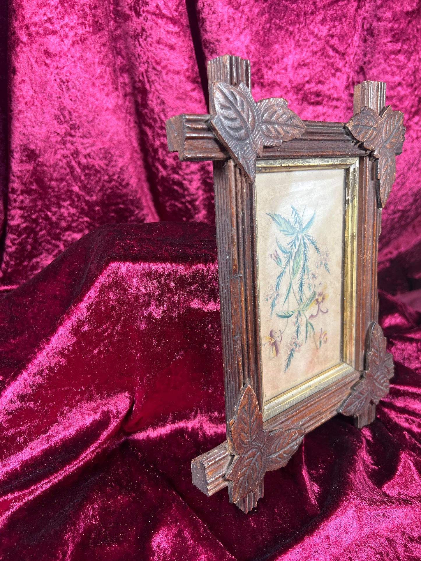 Vintage Wall Art - Antique Black Forest Style Frame - Spring Florals Illustration