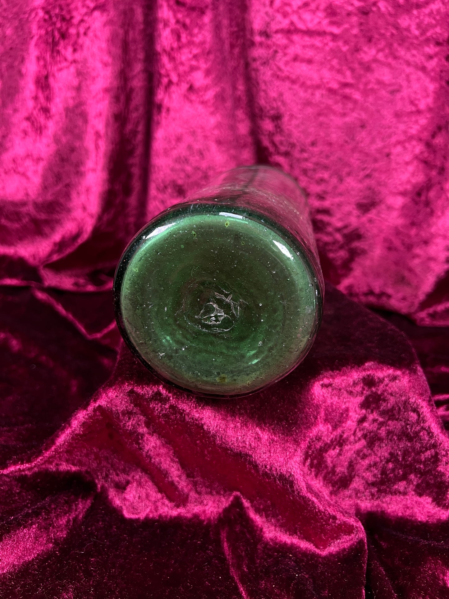 Vintage Hand Blown Green Glass Bottle - Twisted Rim Open Mouth Vase