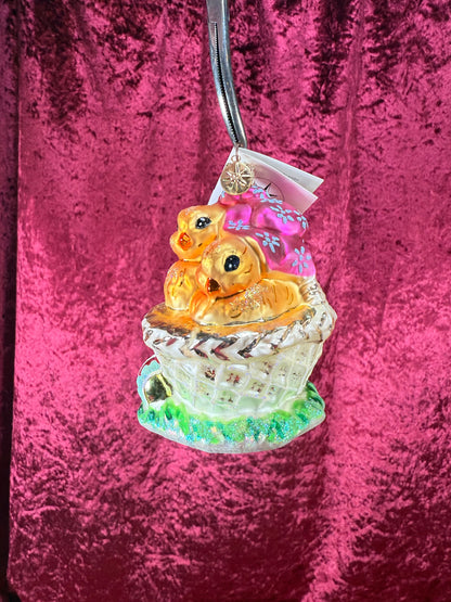 Vintage Christmas - Handblown Glass Ornament - Spring Chicks In Easter Basket - Christopher Radko - 2001