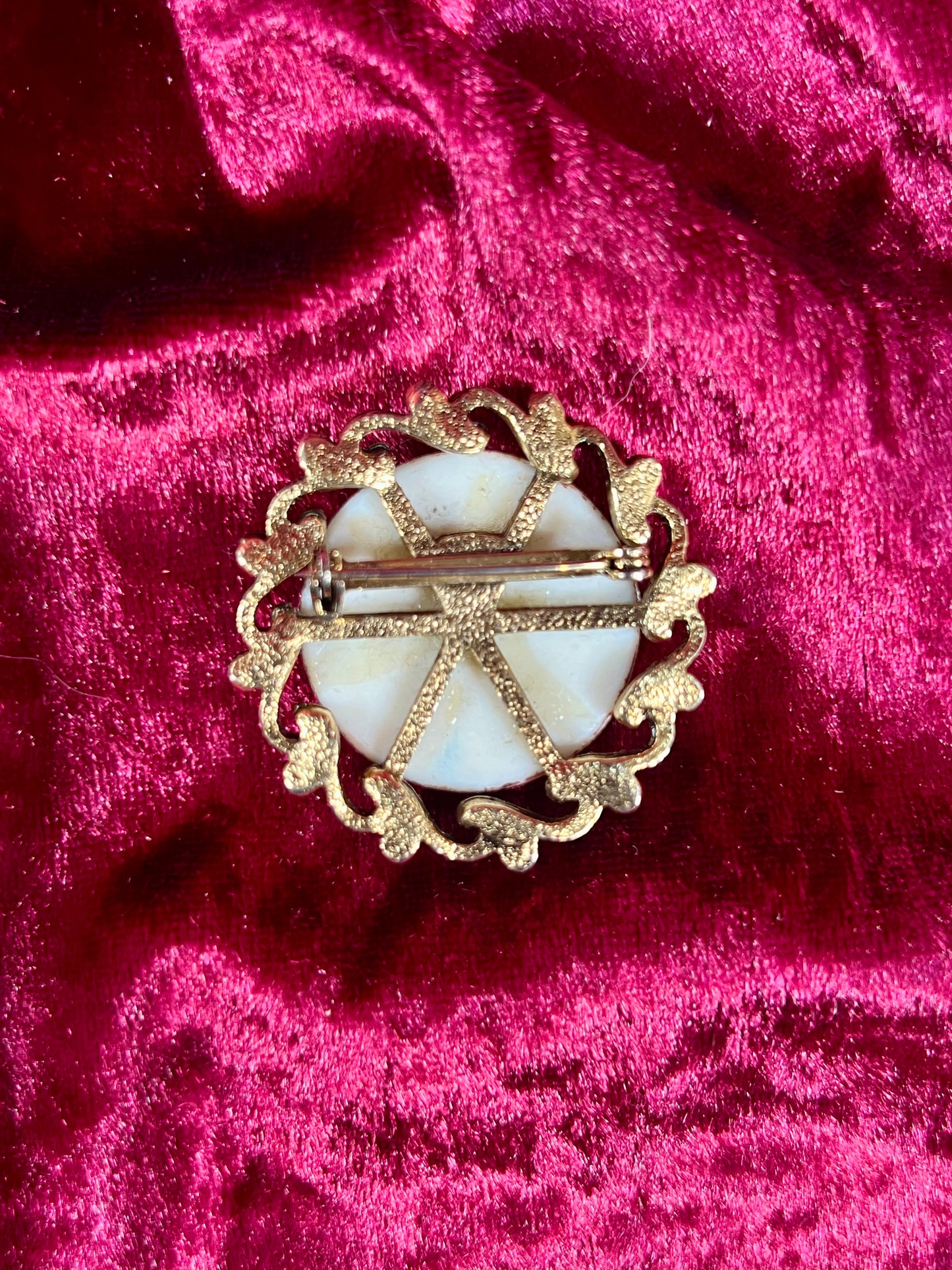 Vintage Jewelry - Brooch - Hand Painted Rose on Gold Tone Frame - F. Chaney