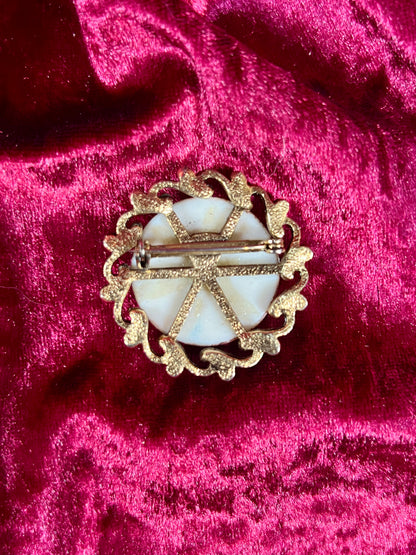 Vintage Jewelry - Brooch - Hand Painted Rose on Gold Tone Frame - F. Chaney