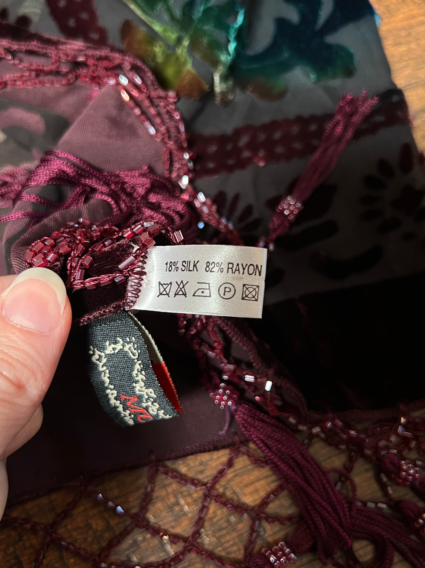 Vintage Velvet Burnout Shawl - Jewel Tone Floral Beaded Fringe Wrap - Size Small