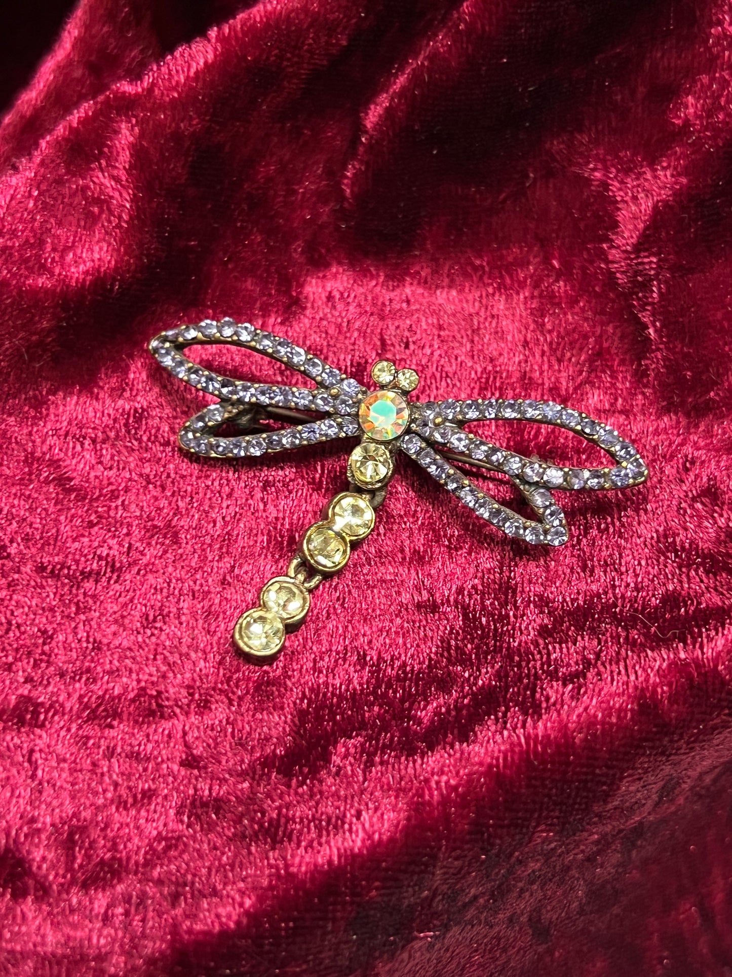 Vintage Jewelry - Brooch - Brass Tone Metal - Purple and Green Rhinestones - Dragonfly