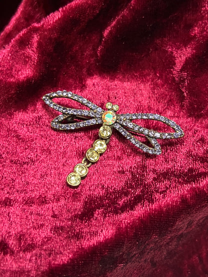 Vintage Jewelry - Brooch - Brass Tone Metal - Purple and Green Rhinestones - Dragonfly