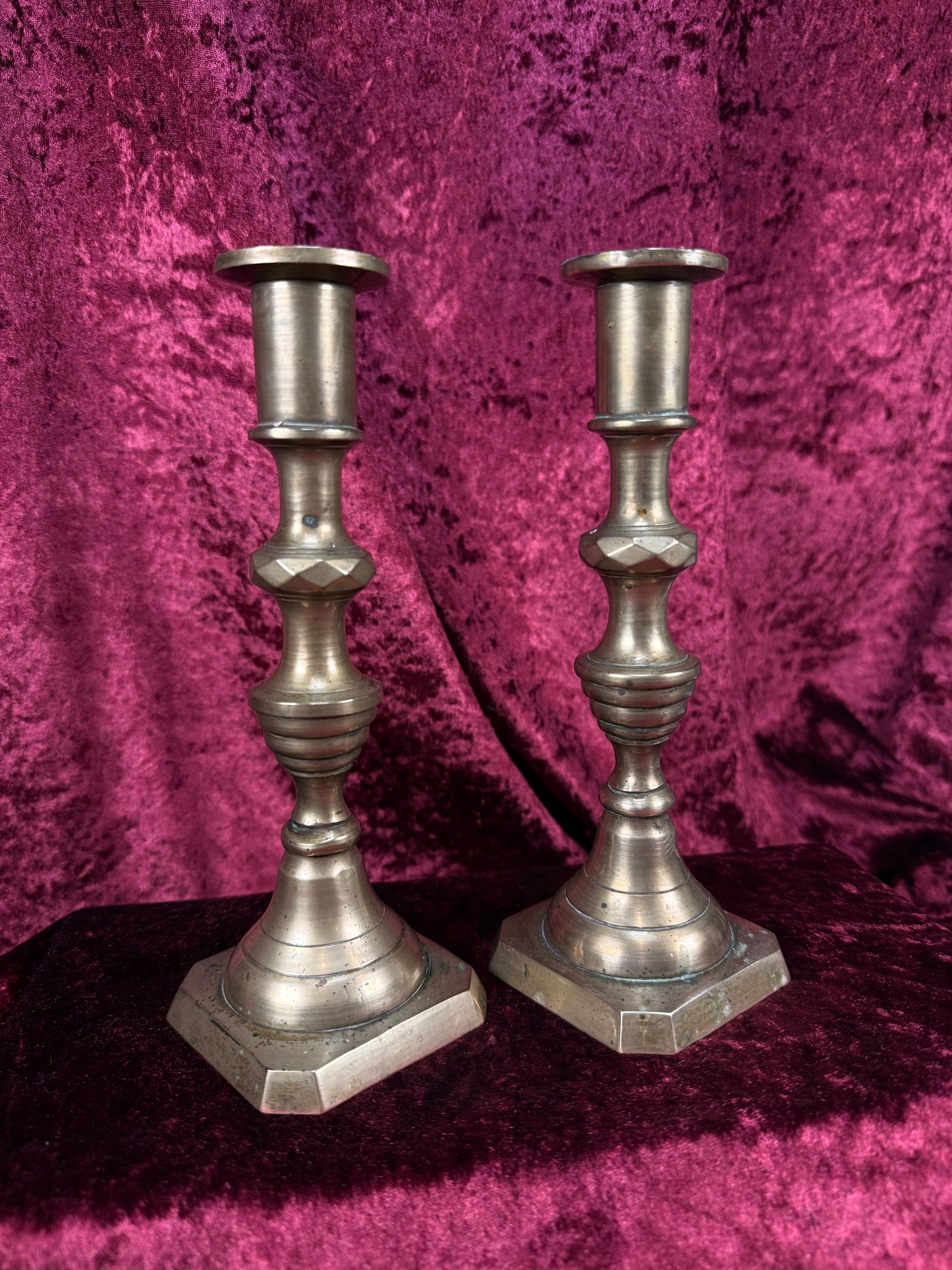 Antique English Brass Candlestick Pair – Beehive Taper Candle Holders