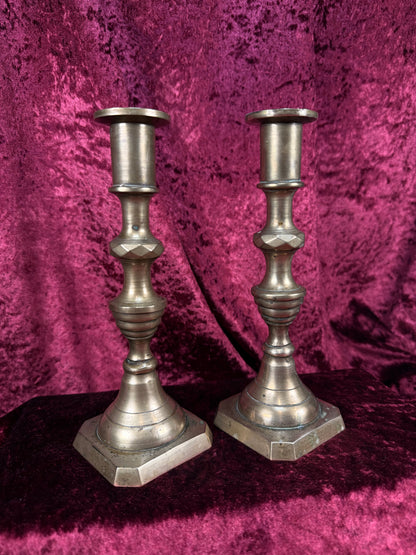 Antique English Brass Candlestick Pair – Beehive Taper Candle Holders