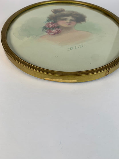 Antique Framed Watercolor - Edwardian Fisher Girl with Roses - Gold Oval Wood Frame