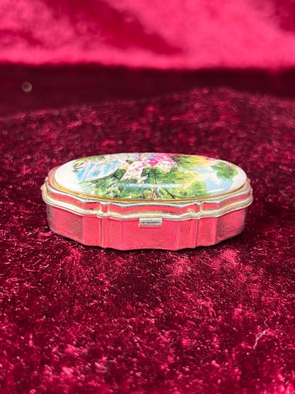 Vintage Vanity - 2-Compartment Pill Box - Silver Tone - Enamel Lid - Kissing Prince and Princess