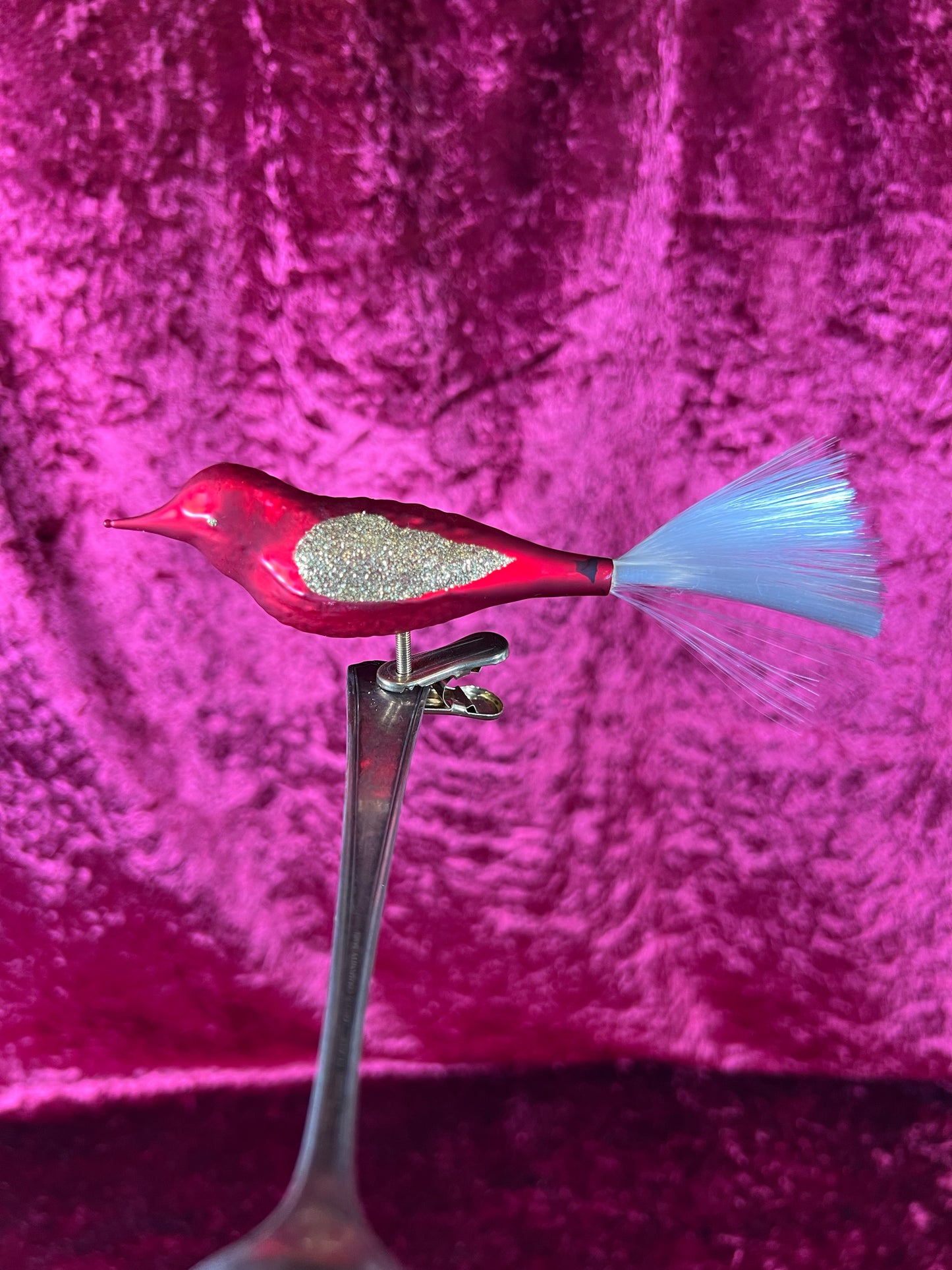 Vintage Christmas - Glass Clip-On Ornament - Bright Red Cardinal with Nylon Hair Tail