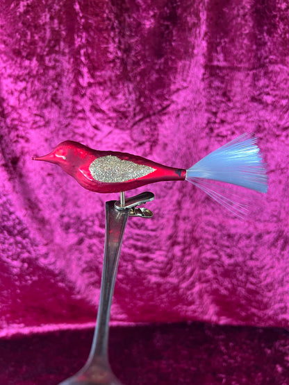 Vintage Christmas - Glass Clip-On Ornament - Bright Red Cardinal with Nylon Hair Tail
