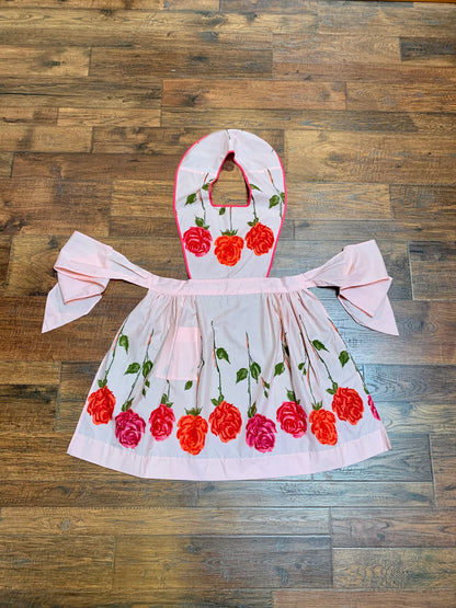 Vintage Pinafore Apron - Pink with Red Roses