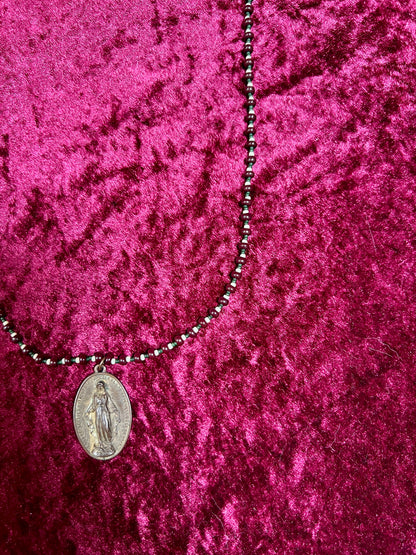 Vintage Metal Medallion Necklace – Miraculous Medal Beaded Rosary Style - 14"