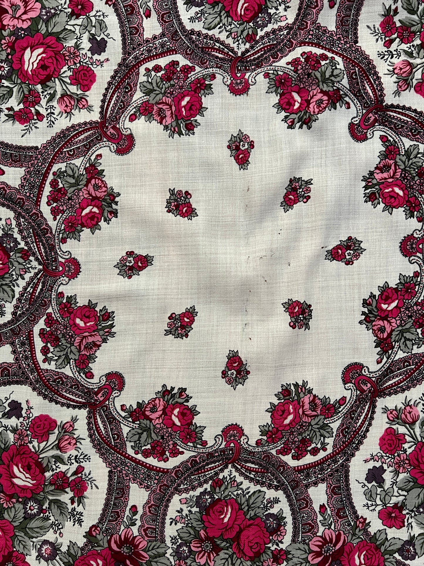 Vintage Kashmir Woole Floral Fringe Scarf - White Rose Square Wrap Bohemian Style