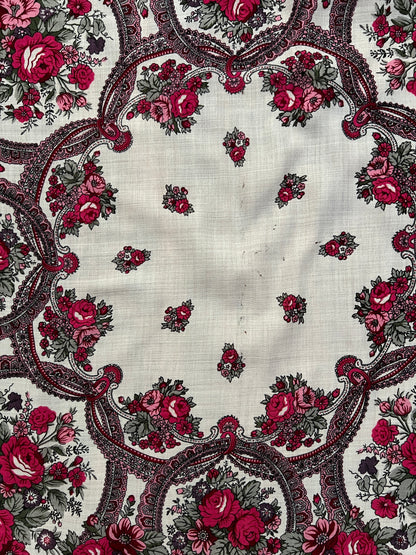 Vintage Kashmir Woole Floral Fringe Scarf - White Rose Square Wrap Bohemian Style